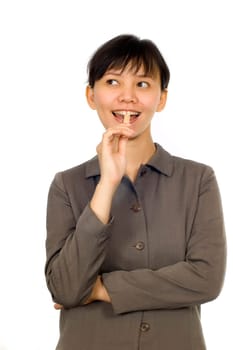 Young Beatiful Asian Woman eating cookie on white background