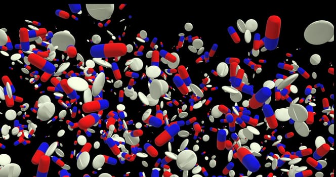The 3d rendering of lot of pills in the scence