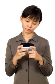 Pretty Asian Woman, text on her cellpone with sad face