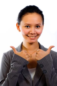 Asian Woman in Working Suit give her two thumbs on white background