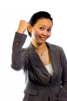 Asian Woman Give Her Punch on White Background