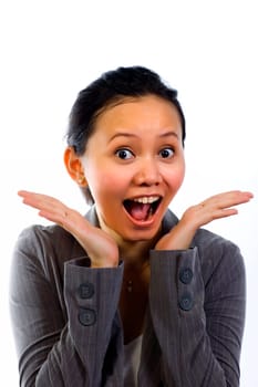 Asian Woman say surprise in business suit on white background