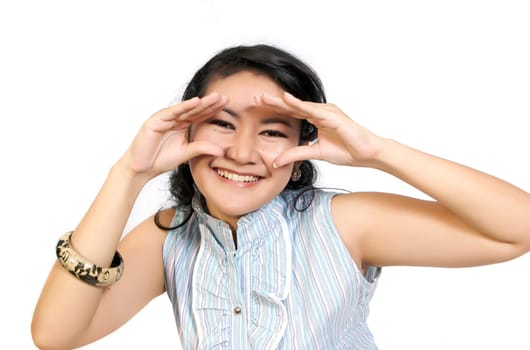 Asian Model Posing at white background. She looks pretty and fresh and framing her eyes