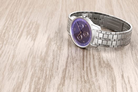 Silver mechanical wristwatch on wooden table