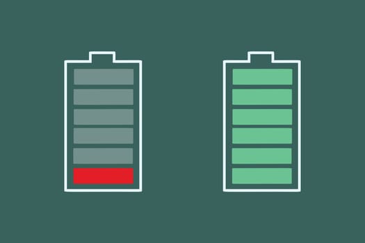 battery charge is small and full. Pop art retro vector illustration