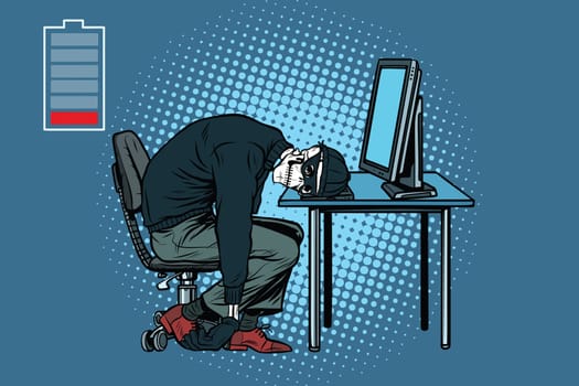 dead hacker skeleton at the computer. Pop art retro vector illustration