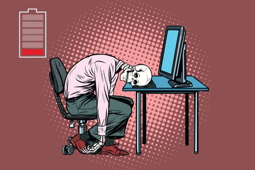 dead businessman skeleton at the computer. Pop art retro vector illustration