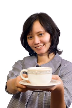 Beautiful Asian Business Woman drink a cup of coffee and sitting at the table