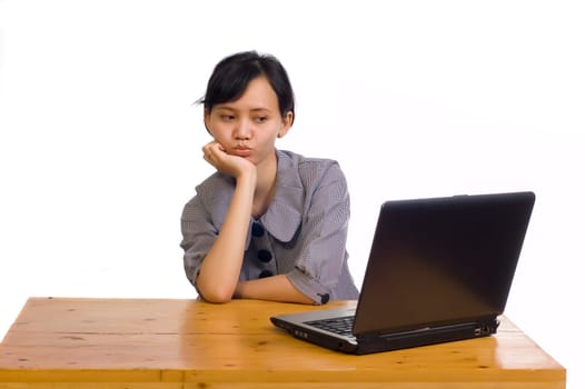 Beautiful asian business woman stress using laptop on white background