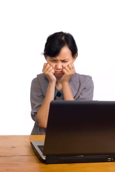 Business Woman Stress Using Laptop on White Background