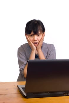 Beautiful asian business woman stress using laptop on white background