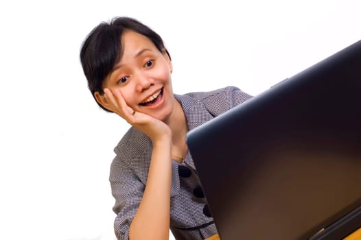 Asian business woman smile and using laptop on white background