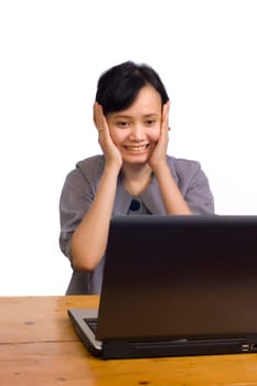 Beautiful asian business woman stress using laptop on white background