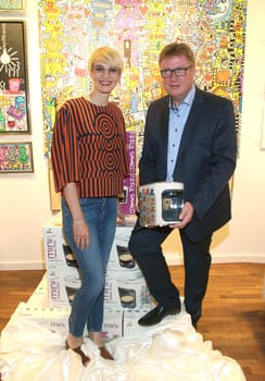 Susann Atwell and Bernd Feil ,. Launch event JAMES RIZZI Cafissimo MINI - Limited Edition by Tchibo" in Hamburg."