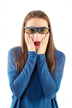 Amazed little girl with 3d glasses isolated on white background.