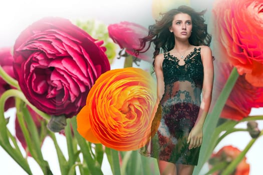 The art collage with very beautiful woman in flowers