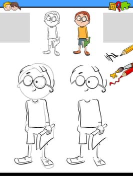 Cartoon Illustration of Drawing and Coloring Educational Activity for Children with Boy Character