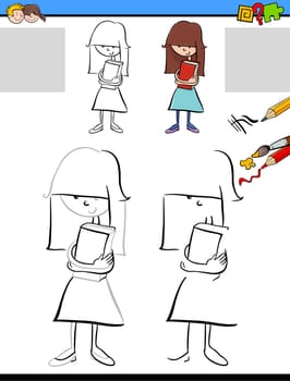 Cartoon Illustration of Drawing and Coloring Educational Activity for Children with Girl Character