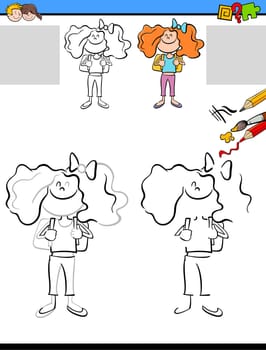 Cartoon Illustration of Drawing and Coloring Educational Activity for Children with Elementary Age Girl Character