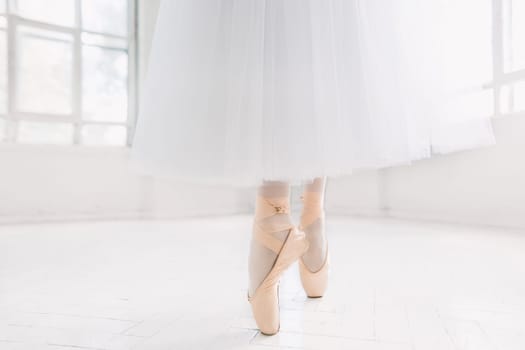 Young ballerina dancing, closeup on legs and shoes, standing in pointe position.