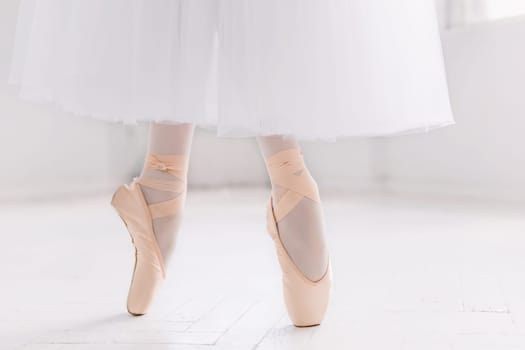 Young ballerina dancing, closeup on legs and shoes, standing in pointe position.