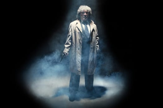 Senior police agent with a gun standing as detective or mafia boss. Studio shot on gray in retro stile in the light and smoke ray