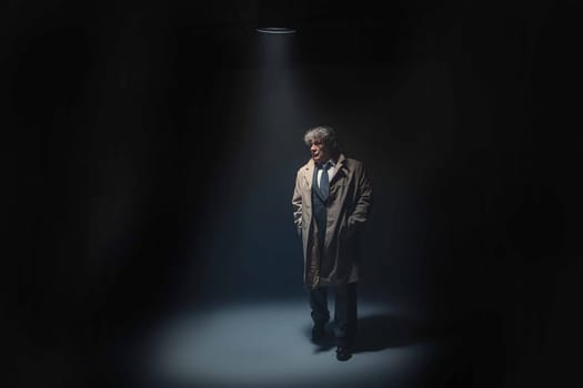 The senior man in cloak standing as detective or mafia boss. Studio shot on gray in retro stile in the light and smoke ray