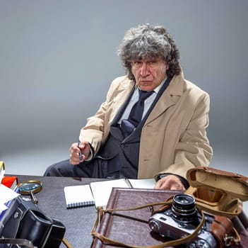 The senior man in cloak as detective or mafia boss writing in a notebook with pen at table. Studio shot on gray in retro stile