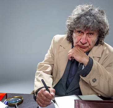 The senior man in cloak as detective or mafia boss writing in a notebook with pen at table. Studio shot on gray in retro stile