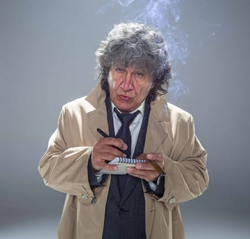 The senior man in cloak as detective or mafia boss writing in a notebook with pen. Studio shot on gray in retro stile