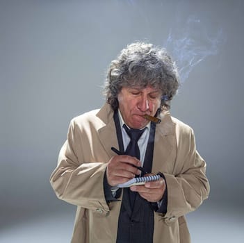 The senior man in cloak as detective or mafia boss writing in a notebook with pen. Studio shot on gray in retro stile