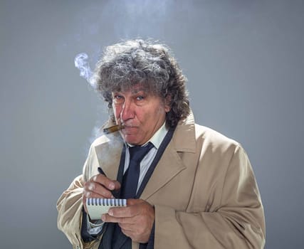 The senior man in cloak as detective or mafia boss writing in a notebook with pen. Studio shot on gray in retro stile