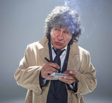 The senior man in cloak as detective or mafia boss writing in a notebook with pen. Studio shot on gray in retro stile