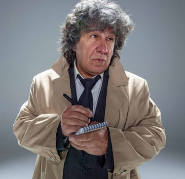 The senior man in cloak as detective or mafia boss writing in a notebook with pen. Studio shot on gray in retro stile