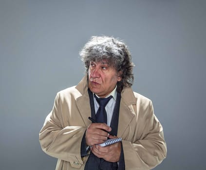 The senior man in cloak as detective or mafia boss writing in a notebook with pen. Studio shot on gray in retro stile