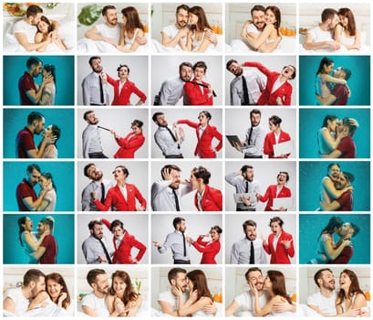 The collage about lifestile of young businessman and businesswoman with different emotions at work and at home. Love and career concept