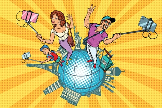 Family tourists and selfie, a trip around the world. Pop art retro vector illustration