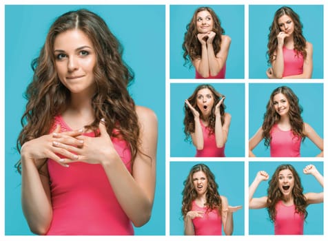 The young woman's portrait with different emotions on blue background. Collage