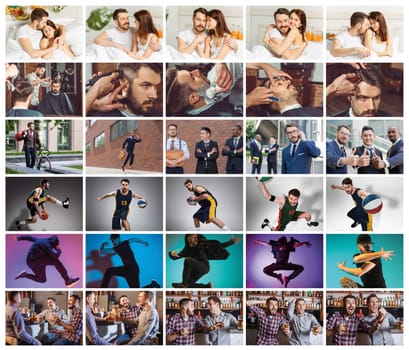 Collage about one day of life of young man with different emotions. Lifestile concept