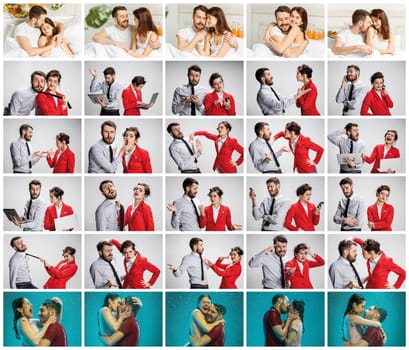 The collage about lifestile of young businessman and businesswoman with different emotions at work and at home. Love and career concept