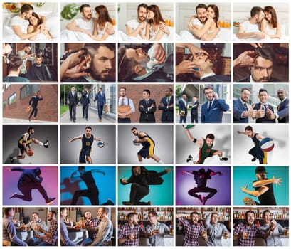 Collage about one day of life of young man with different emotions. Lifestile concept