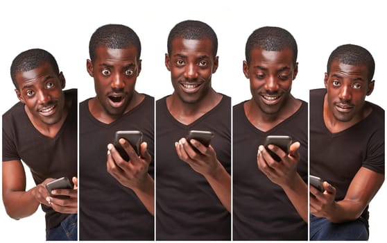 The collage of images of smiling african man talking on the phone on a white background