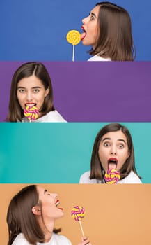The collage from images of young woman with the colorful lollipop at different colorful background at studio