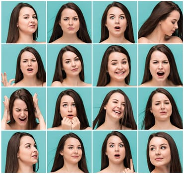 The collage of young woman's portraits with different happy emotions