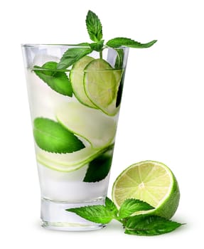 Lemonade with lime and mint isolated on white background