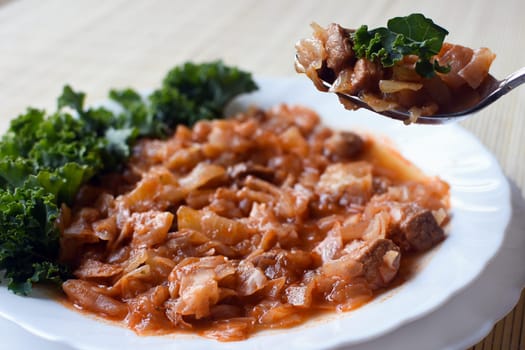 Boiled cabbage with meat is in spoon and white plate.