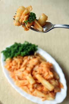 Pasta with potato is on fork and on white dish.