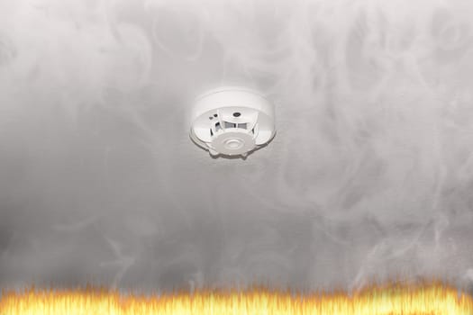 Smoke detector on the ceiling with red warning light sensor and smoke..