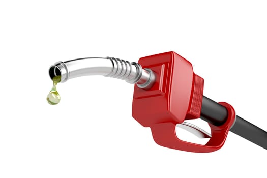 Fuel pump nozzle with last drop of fuel, isolated on white background