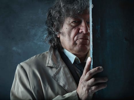 The senior man in cloak as detective or mafia boss. Studio shot on gray in retro stile